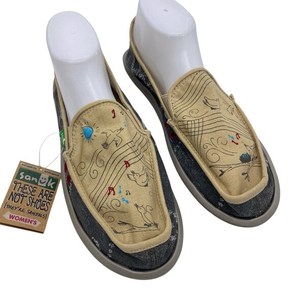Sanuk Scribble Singing Birds Slip On Shoes Women’s Size 11 Sidewalk Surfer Flats - Picture 1 of 14